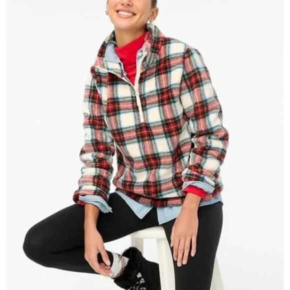 J Crew Factory Tartan Fleece Half-Zip Pullover M Warm Soft - Picture 1 of 10